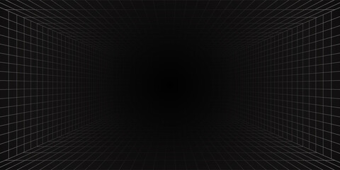Fototapeta premium Futuristic perspective grid box. Abstract wireframe with white grid line on black background. Virtual reality landscape in 80s 90s digital style. Vector