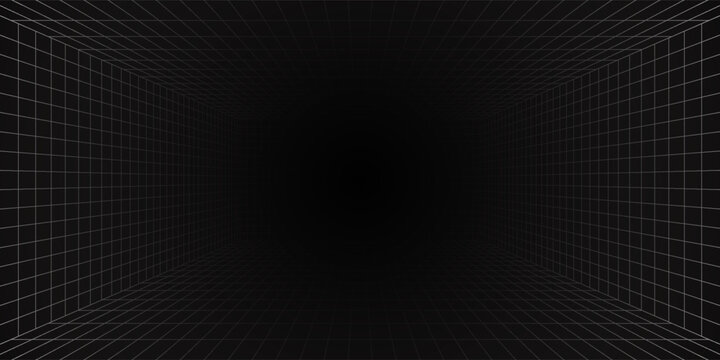 Futuristic perspective grid box. Abstract wireframe with white grid line on black background. Virtual reality landscape in 80s 90s digital style. Vector
