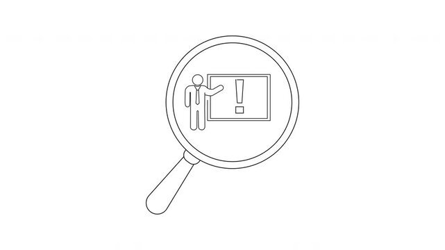A magnifying glass frames a person pointing to a whiteboard displaying an exclamation point