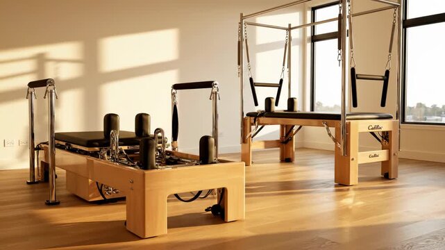 Sunlit Pilates studio featuring modern reformer and Cadillac equipment on wooden floor