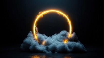 Glowing neon ring with rising smoke creating an abstract digital portal on dark effect reflected background