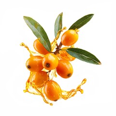 Fresh sea buckthorn berries on the branch with green leaves, captured with dynamic golden liquid splashes that highlight their glossy orange texture and natural vitality. 