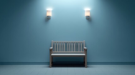 Minimalist wooden bench against a blue wall with wall sconces, creating a serene and inviting atmosphere for relaxation or waiting