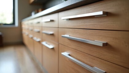 Wooden cabinets with modern silver handles visible in room. Multiple drawers offer ample storage space. Polished wood grain shows natural texture. Clean interior design provides sleek look. Ideal for