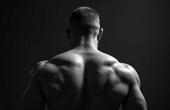 Black, white photo shows muscular mans back with prominent shoulder, back muscles. Short hair, skin shows sweat. Lighting creates strong contrast, shadows body texture, anatomy.