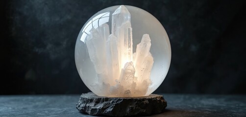 White selenite crystal sphere with raw rock base. Inside, clear quartz clusters grow, illuminated from within. Object sits on dark textured surface. Mystical, spiritual, and decorative item.