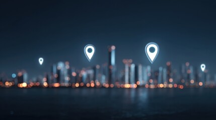 Urban City Skyline with Location Pins - Night Scene Featuring Modern Buildings, Glowing Lights, and Digital Elements for Navigation and Mapping