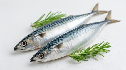 Fototapeta premium Fresh mackerel fish with green rosemary sprigs arranged on a light background for culinary and food photography concepts in healthy cooking