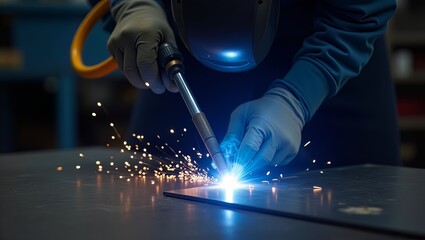 Professional welder wearing protective gear and welding a metal sheet with sparks flying in a workshop or industrial setting with precision and skill.