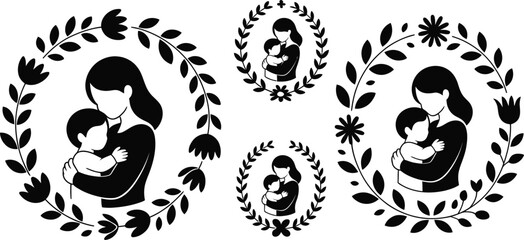 Obraz premium Elegant black and white designs feature a mother embracing her baby surrounded by nature inspired frames