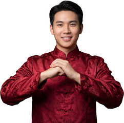 Young Chinese Man in Red Cheongsam doing Chinese Tradition Greeting portrait isolated on transparent background
