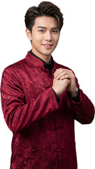 Young Chinese Man in Red Cheongsam doing Chinese Tradition Greeting portrait isolated on transparent background