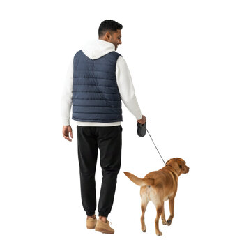 Casual man walks his dog for exercise outside, cutout isolated on transparent background