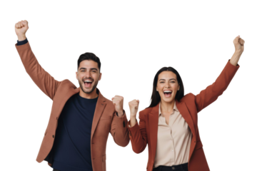 Excited business partners celebrating success with raised fists and joyful expressions, on transparent background