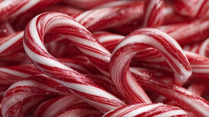A close-up shot of several curled red and white striped peppermint confections, arranged closely together, creating a festive display