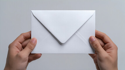 Fototapeta premium Two hands gently holding a pristine white paper envelope, ready to send a message or invitation