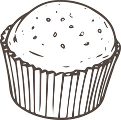 Cupcake in a brown paper wrapper, contour drawing on a transparent background