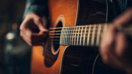 Fototapeta premium A close-up view of a person's hands strumming the strings of a wooden acoustic guitar, playing a melody