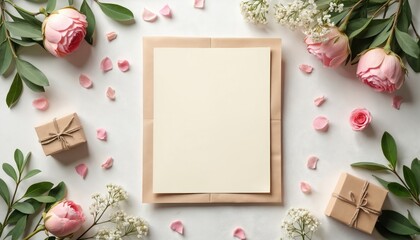 Flat lay with blank paper, pink roses, green leaves, petals, and gift boxes. Elegant invitation or greeting card mockup for wedding, birthday, or special event.