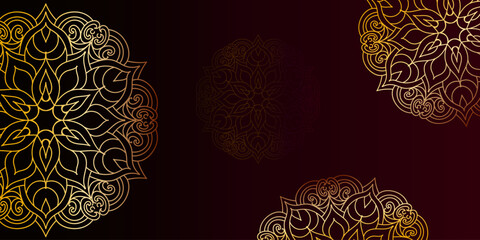 Gold luxury mandalas on a dark red gradient background

