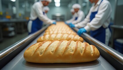 Freshly baked bread being inspected by workers in a modern industrial bakery setting