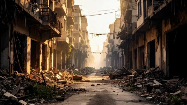 Destroyed urban street with piles of rubble, ruined buildings, and tangled wires after a conflict or disaster; a desolate scene.