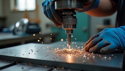 Precision drilling operation performed on a metal sheet in a workshop environment