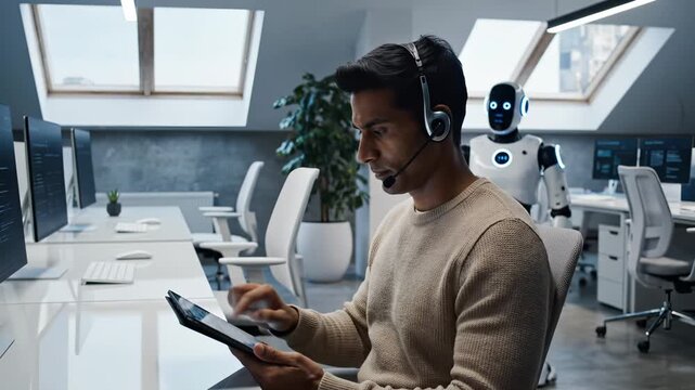 Customer service agent with headset uses tablet near artificial intelligence robot for support and communication. Operator works with tablet and AI robot for customer service automation and technology
