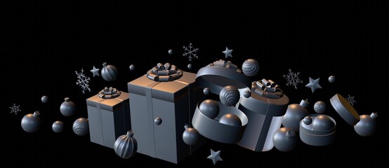 3d Christmas card, holiday wallpaper. Assorted Christmas baubles and gift boxes. Gray shiny metallic models with highlights on black background. 3D render.