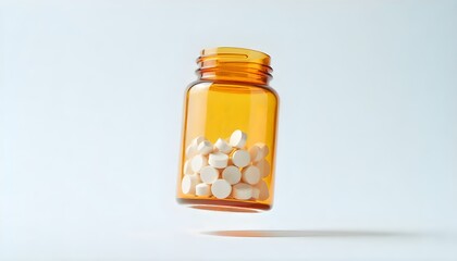 White round tablets fly out of an amber glass jar on a clean background, symbolizing health, medicine and pharmaceutical care.