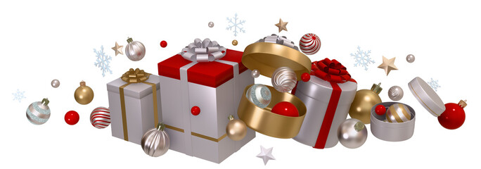 3d Christmas card, holiday wallpaper. Assorted Christmas baubles and gift boxes. 3D render.