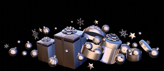 3d Christmas card, holiday wallpaper. Assorted Christmas baubles and gift boxes. Smooth shiny silver material with highlights on black background. 3D render.
