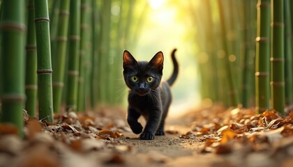 Small black cat with bright green eyes walks on path through bamboo forest. Sun shines brightly, creating warm, inviting atmosphere as kitten explores its surroundings. Autumn leaves cover ground.