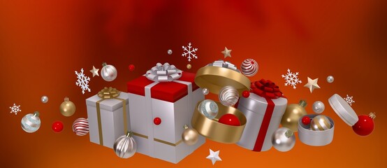 3d Christmas card, holiday wallpaper. Assorted Christmas baubles and gift boxes. 3D render.