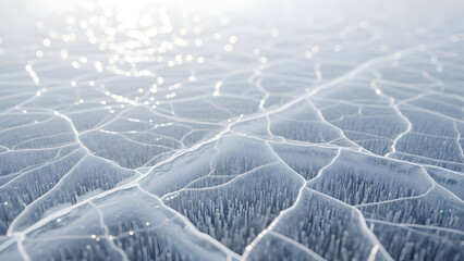 Frozen landscape with cracked ice and snow-covered trees under a bright sky in Whisk_e34ebd1624cde2c9a1f4577923cc1c77dr