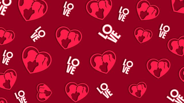 Seamless 4K looping pattern of red hearts with romantic couple silhouettes and bold LOVE text on a deep red background. Ideal for Valentine motion backgrounds, ads, greetings, and romantic visuals.