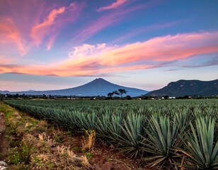 Scenic landscape featuring agave plants beneath a colorful sunset sky