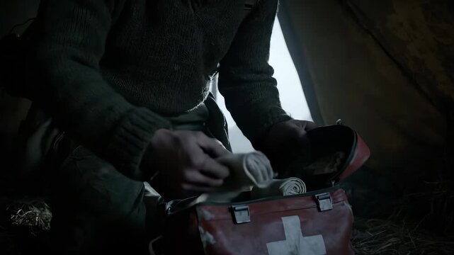 Man opens medical kit inside tent examining emergency supplies carefully. Person checks medical bag in tent shelter. Man handles first aid kit. Medical supplies checked in camping tent setup.