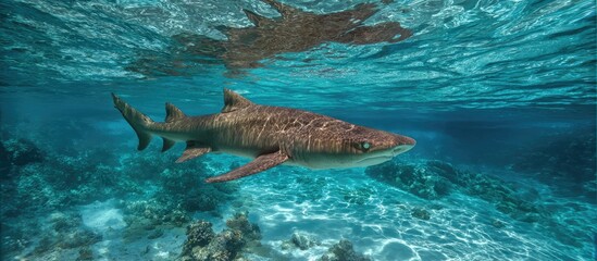Brown Shark Swimming in Clear Turquoise Ocean Water
