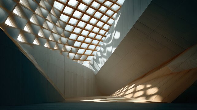 Modern architectural interior with grid skylight and natural light.