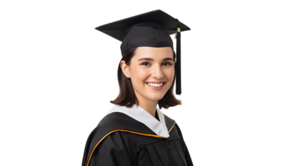 A young woman in graduation attire smiles proudly while wearing a black gown and cap isolated on a white background Whisk