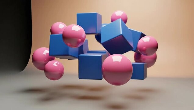 Abstract composition of floating blue cubes and pink glossy spheres