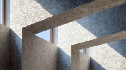 Minimalist Architectural Interior with Patterned Walls and Bright Sunlight