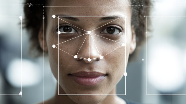 Medium shot featuring facial recognition technology analyzing a persons face to ensure accurate biometric security verification. - Powered by Adobe