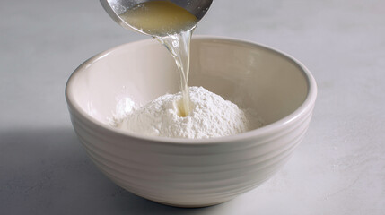 Ai mixing liquid into flour in a bowl for cooking or baking at a kitchen countertop