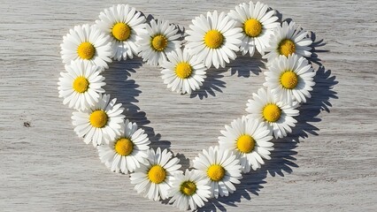 Obraz premium Heart Shape of White Daisy Flowers on Rustic Wooden Background