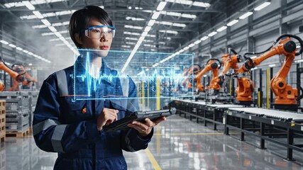 Engineer controls factory robot with holographic tablet interface. Woman operates robot automation using tablet. Engineer monitors factory production with robot. Industrial automation control system. - Powered by Adobe