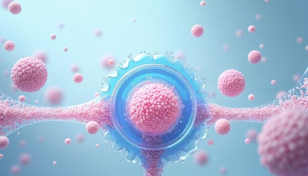 Abstract visualization of biological cells, possibly representing cellular processes, division, or reproduction. Pink spheres float in blue liquid, suggesting microscopic world, scientific research.