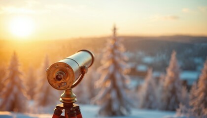 Telescope on tripod faces winter landscape at sunset. Golden sun shines on snowy trees and distant hills. Observe nature, explore outdoors, find new horizons, future vision.