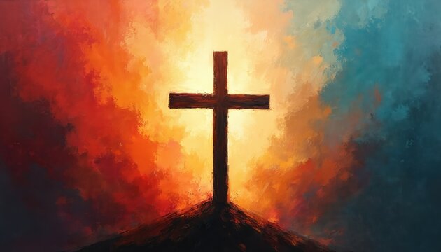 Wooden cross stands on hill top against vibrant abstract sky, faith, hope, resurrection. Dramatic sunset light illuminates spiritual scene, evoking divine power, peace. Abstract painting captures of
